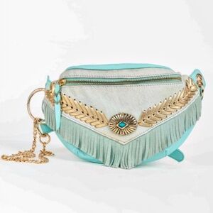 NWT Piti Cuiti Yeti Leather Waist Bag/Bum Bag - teal/gold
